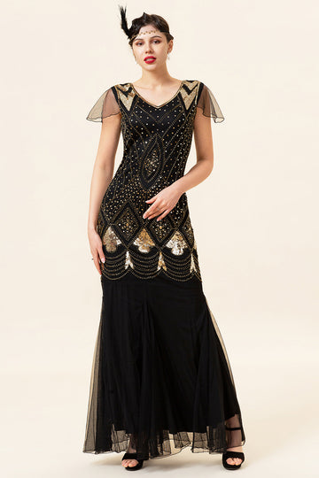 Preto e Dourado 1920s Vestido Com 20s Acessórios Set